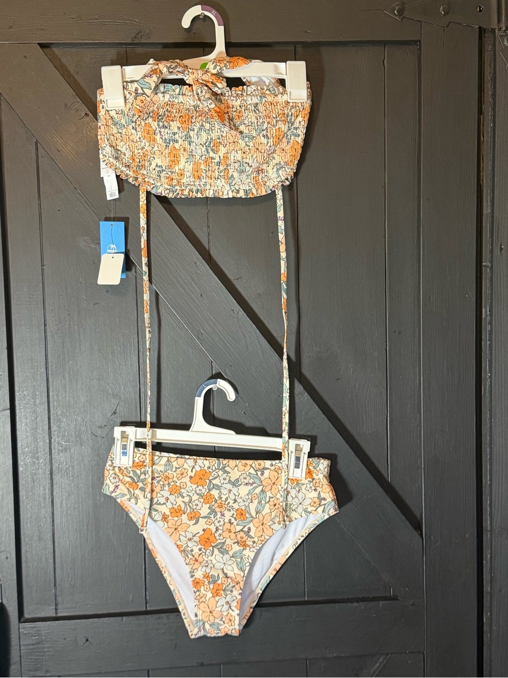 Cupshe Orange & Cream Floral Smocked Bandeau Bikini Set